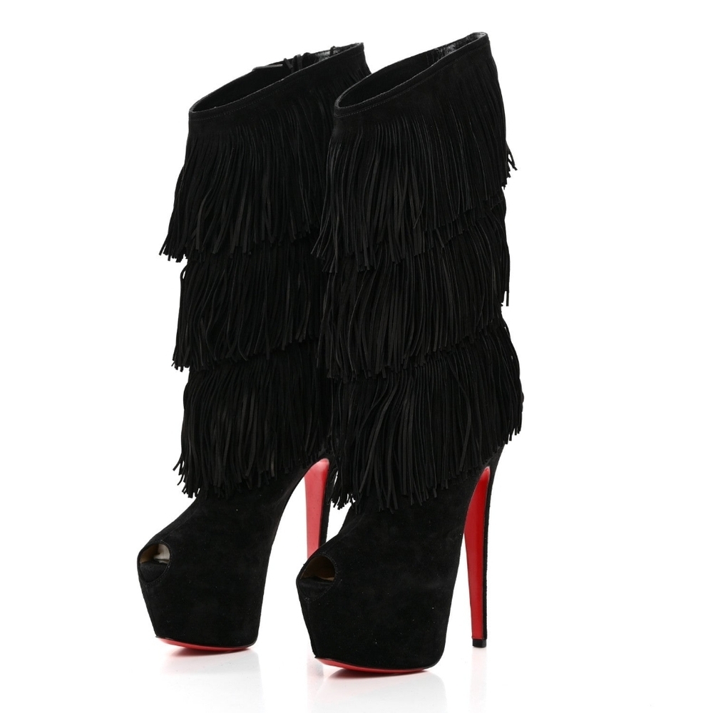 Christian Louboutin Tina Highness Fringe Peep Toe Leather Boots Size EU 38.5